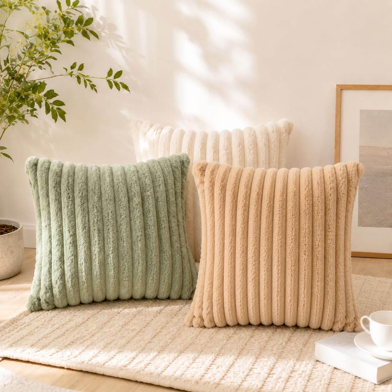 Cross-border TEMU Faux Rabbit Fur Striped Throw Pillow Cover Set with Insert, Christmas Vertical Pattern Sofa Backrest Cushion Bed Headrest