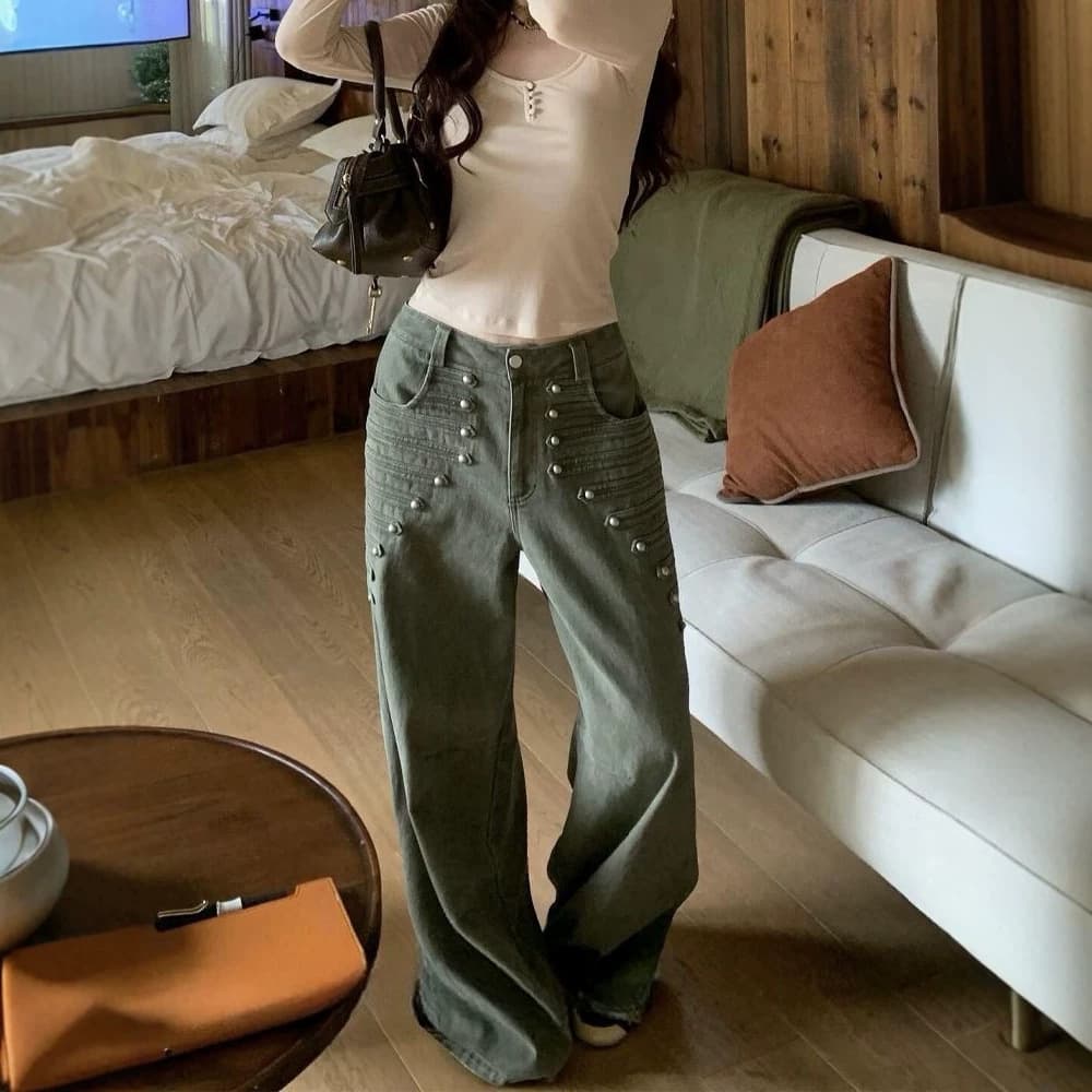 Designer Napoleon Button Denim Jeans Summer Thin American Trendy Retro Wide-Leg Floor-Length Pants for Women
