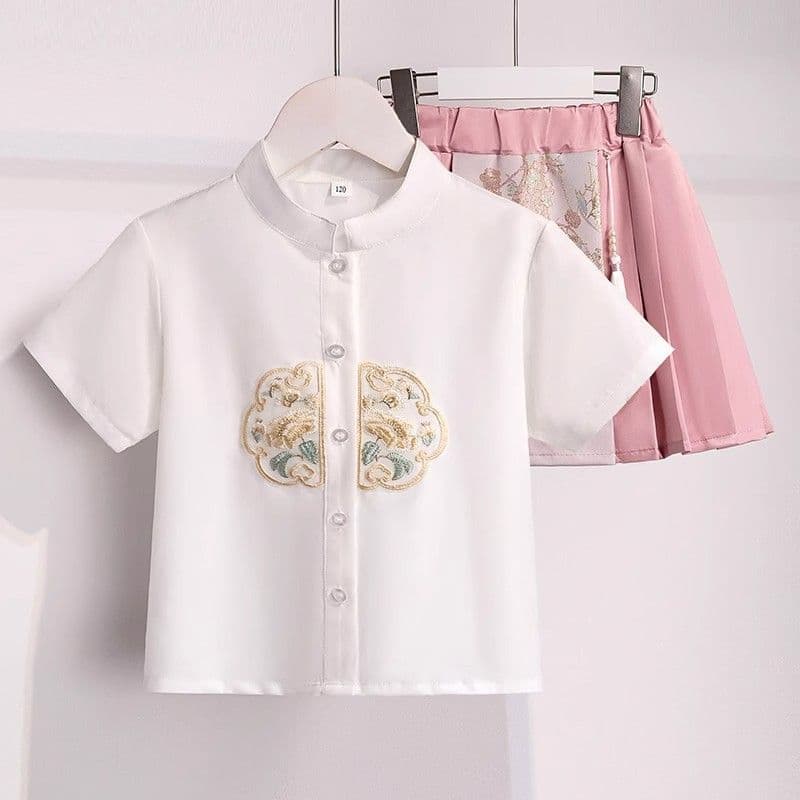Girls' Spring and Autumn New Style Children's Chinese Embroidered Shirt Vest Tang Suit with Horse Face Skirt Two-Piece Set
