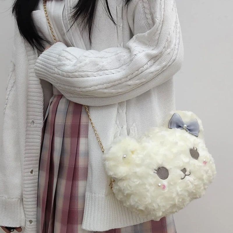 Soft Lolita Doll Bag Plush Bear Head Crossbody Bag for Girls, Cute Furry Bag Lolita Pearl Chain Small Bear Purse