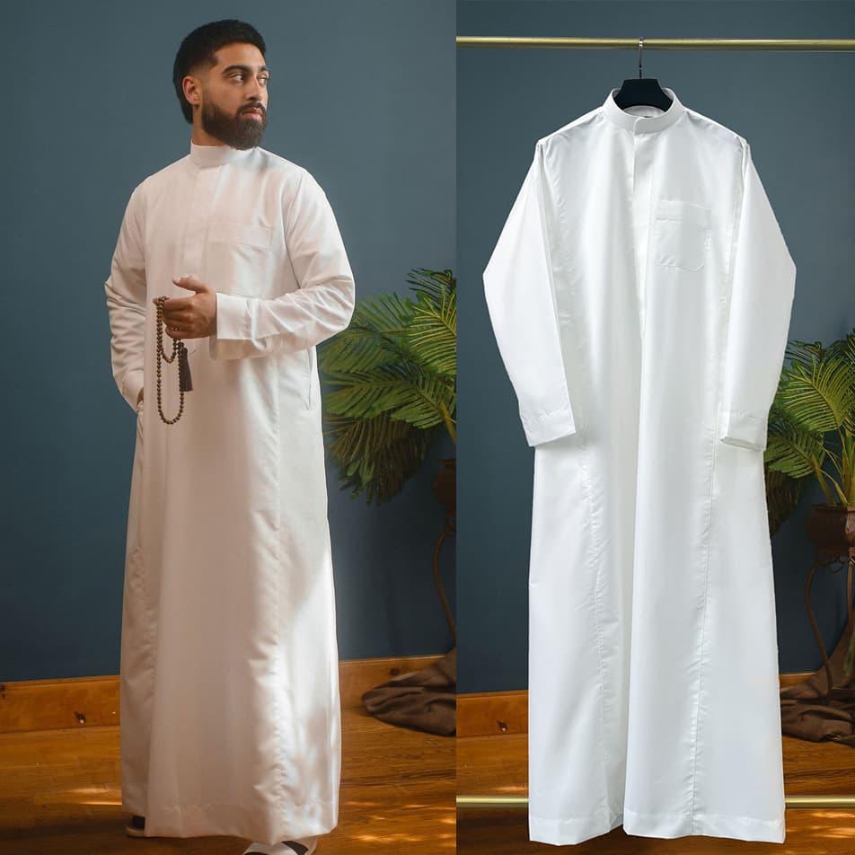 Fn60-D Men's Traditional White Robe Thobe, Loose and Breathable Ethnic Style Daily Dress