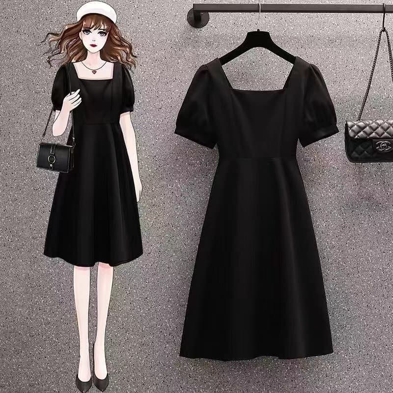 2026 Summer High-end Hepburn Little Black Dress New French Retro Square Neck Puff Sleeve Waist Sweet Spicy Dress