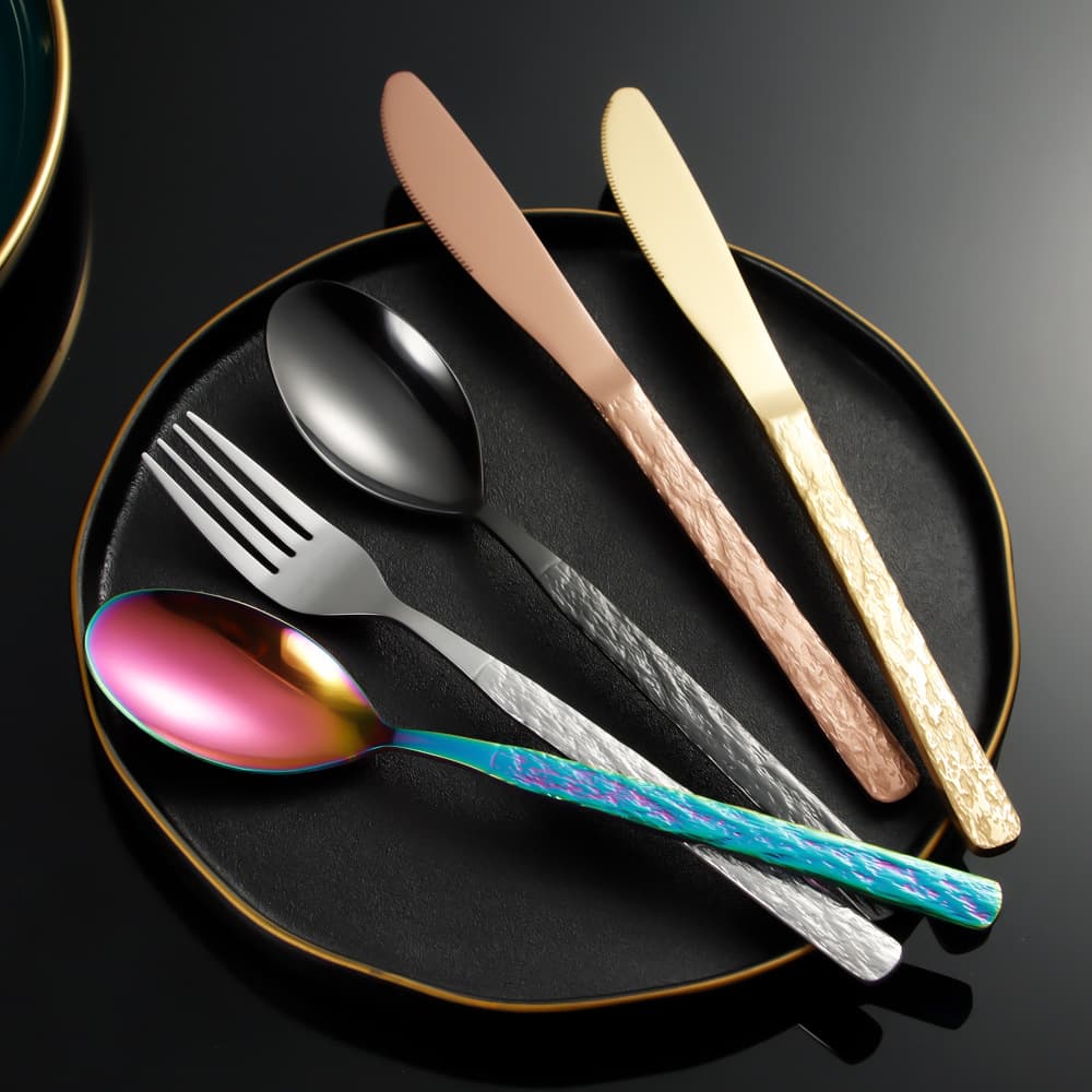 Amazon Stainless Steel Western Cutlery Set, Retro Stone Texture Embossed Steak Knife, Fork, Spoon, Dessert Fork, Five-piece Set