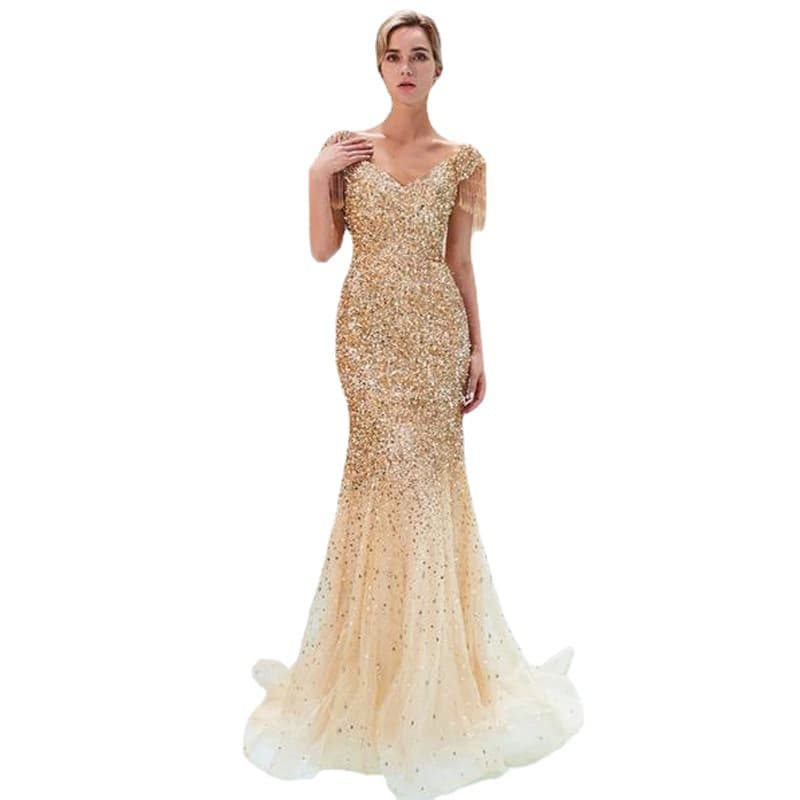 2025 European and American New Women's Slim Fishtail Dress Sexy Drop Shoulder V-Neck Gown with Gold Splash Long Dress for eBay