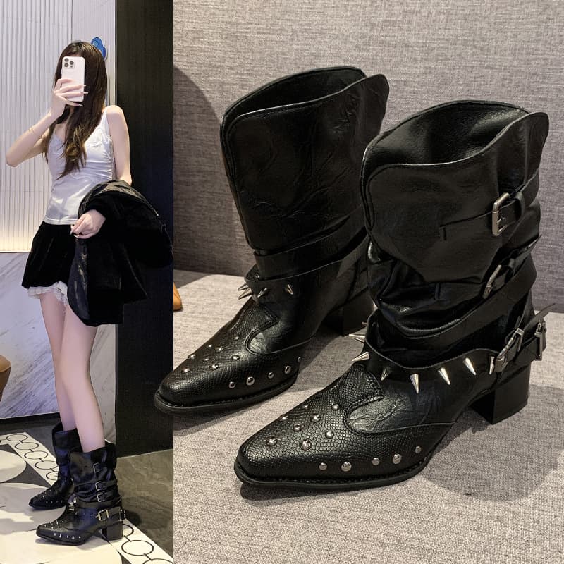 2025 Summer European and American Style Pointed Toe High-Top Women's Riding Boots Mid-Heel Rivet Decoration Microfiber Breathable Martin Boots