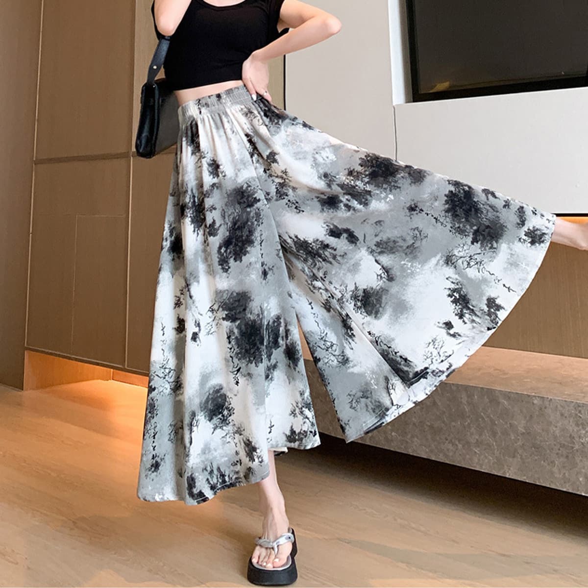 Chinese Ink Painting Style Tie-Dye Wide-Leg Pants Skirt for Women 2026 Summer Thin Flowing Ice Silk A-Line Flared Pants Skirt