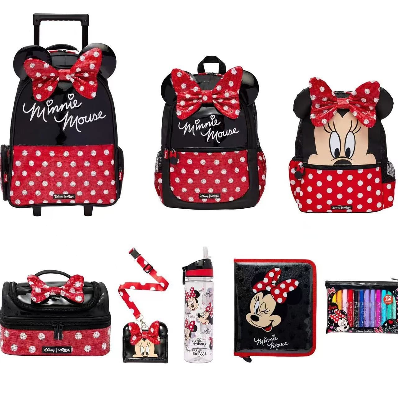 Australian Smiggle Red Minnie Series Stress-Relief Backpack Trolley School Bag Double-Layer Lunch Box Pencil Case Wallet Water Bottle