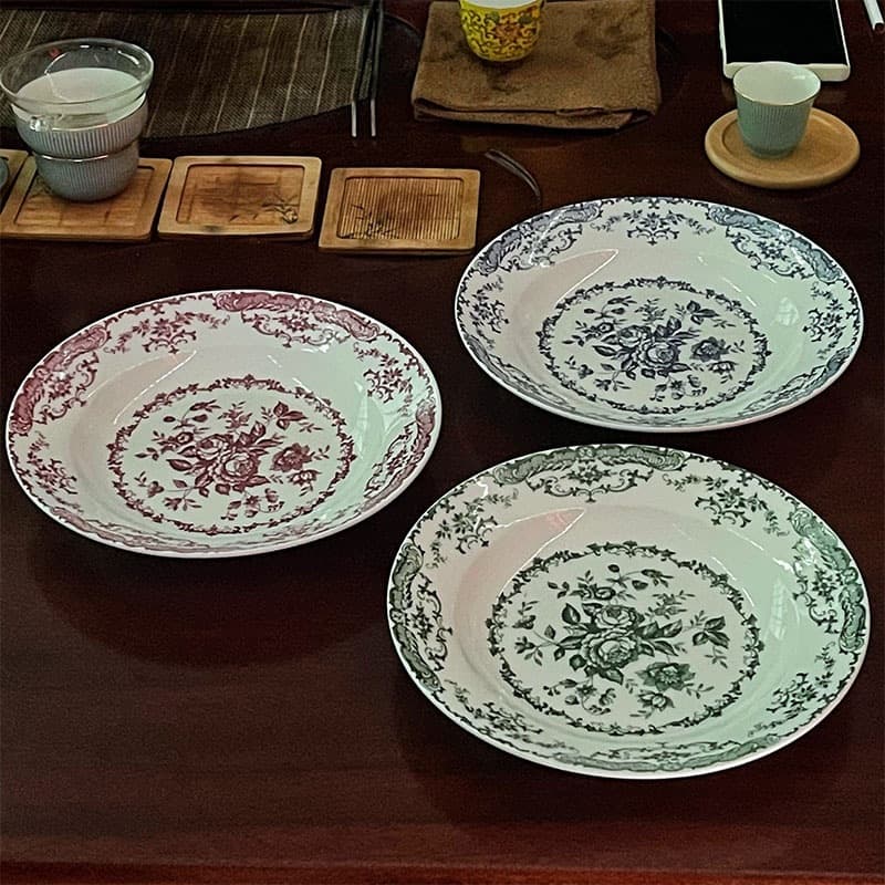 European Ins Retro Rose Flower Ceramic Plate, Soup Plate Deep Plate, Pasta Plate Salad Plate Dessert Plate
