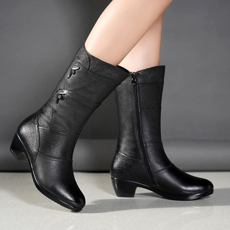 Women's Low-Heel Martin Boots Mid-Calf Fleece-Lined Soft Leather Mom Boots Autumn Single Boots Flat Bottom Large Size