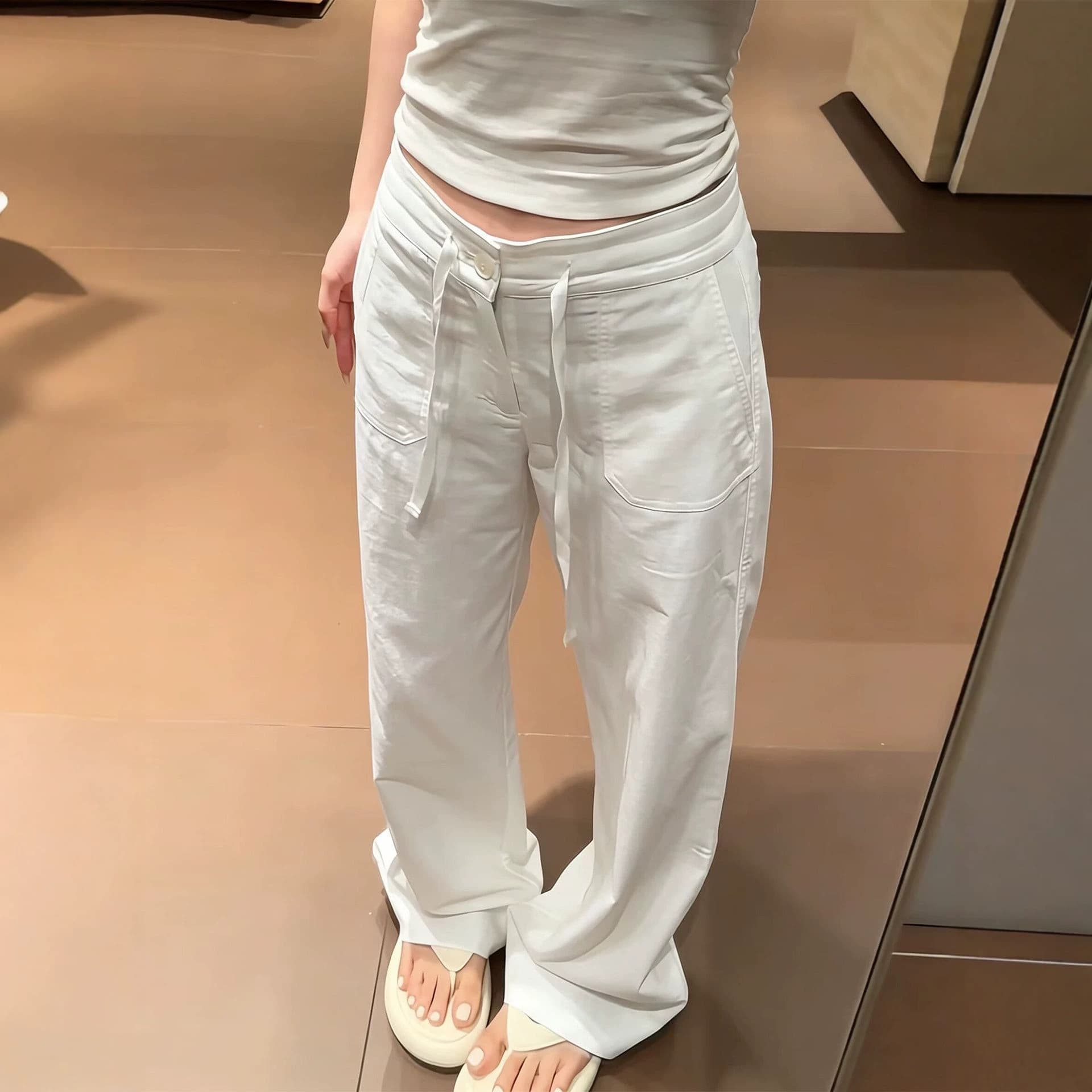 Factory direct sales white low-waist cotton and linen wide-leg pants for women summer thin loose slimming drape casual straight pants