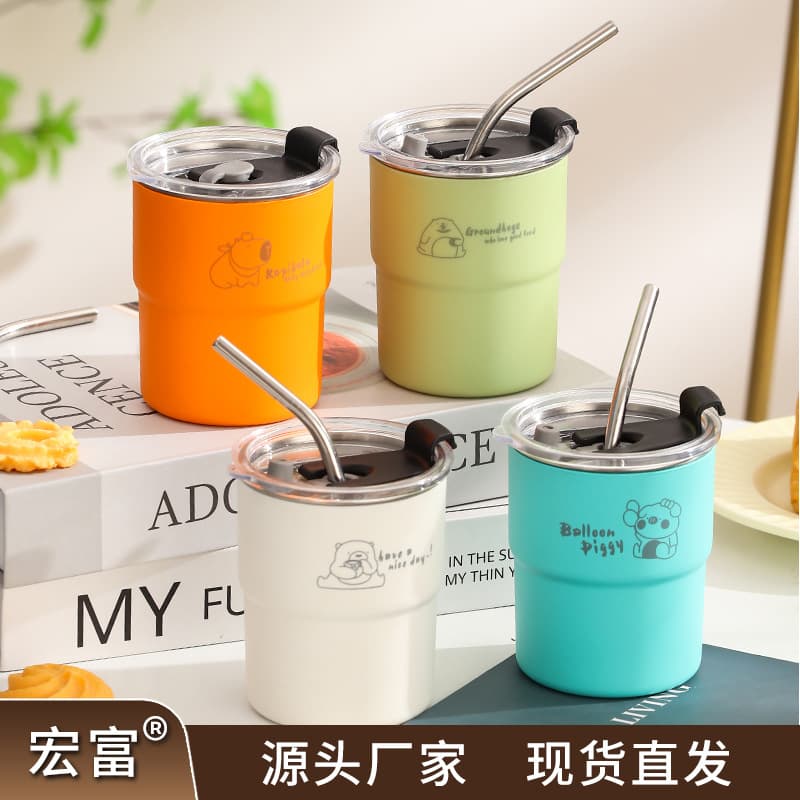 304 stainless steel food-grade coffee cup mark double-layer thermal insulation and cold insulation for office use with straw for tea making cross-border