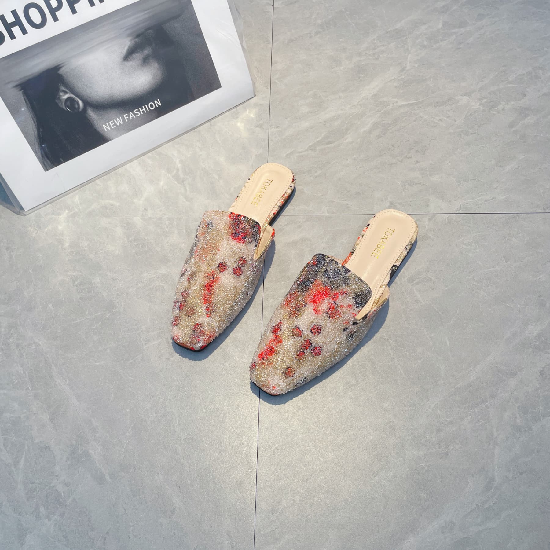 Closed Toe Half Slippers for Women Flat 2024 Summer New Trend Rhinestone Outdoor Sandals Ethnic Style Plus Size Women's Shoes