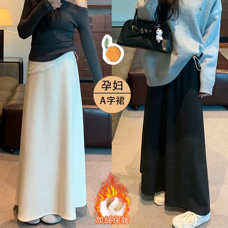 2025 Maternity Non-Maternity Band Half Skirt, Pig Nose Buckle Adjustable Fleece-Lined Thickened Cashmere Draped A-Line Long Skirt, Autumn/Winter Season