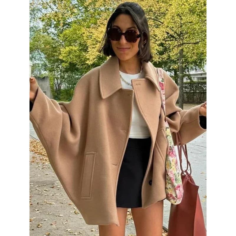 2024 Women's Clothing French niche woolen coat fashionable lapel blended short long-sleeved cape coat