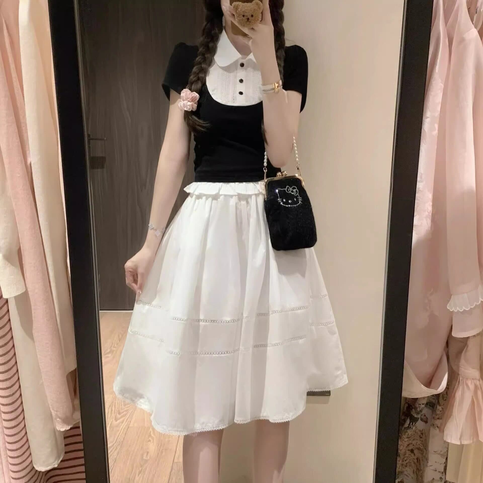 School Style Outfit Set for Women Summer 2026 New Fake Two-Piece T-Shirt and Skirt Petite Summer OOTD Complete Set