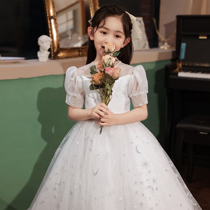 Girls dress princess dress 2026 little girl flower girl fluffy yarn children host piano performance dress summer