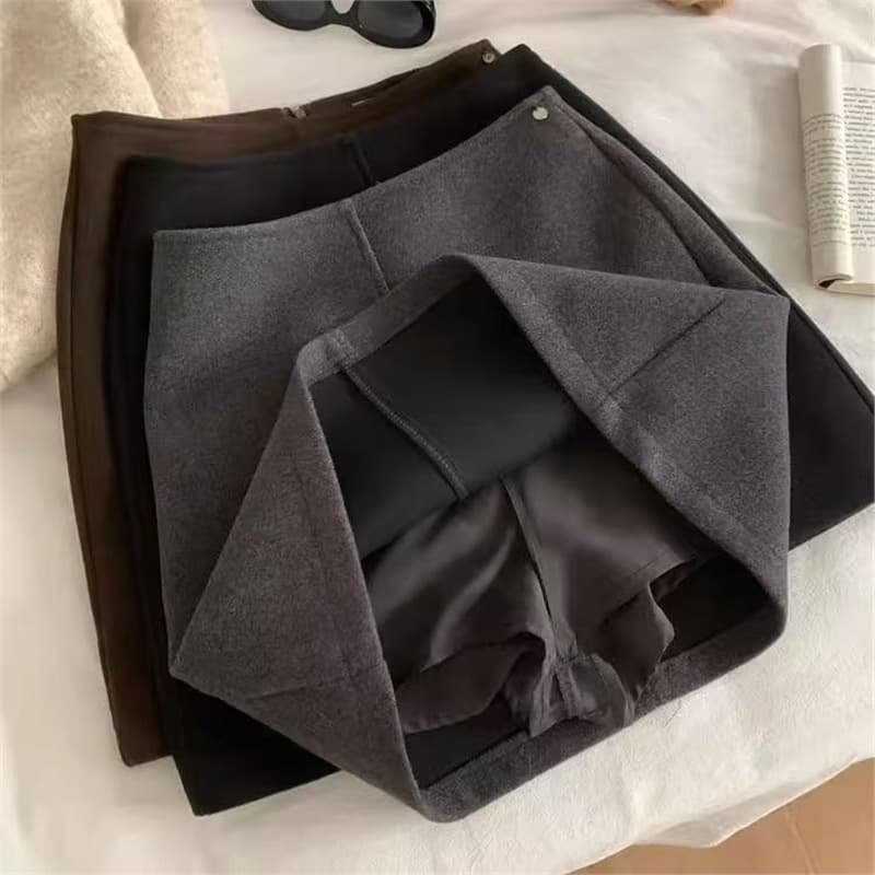 Autumn Winter Korean Style Thickened Wool Blend 2025 Midi Skirt Grey Premium High-Waisted Slimming New Elegant A-Line Short Skirt