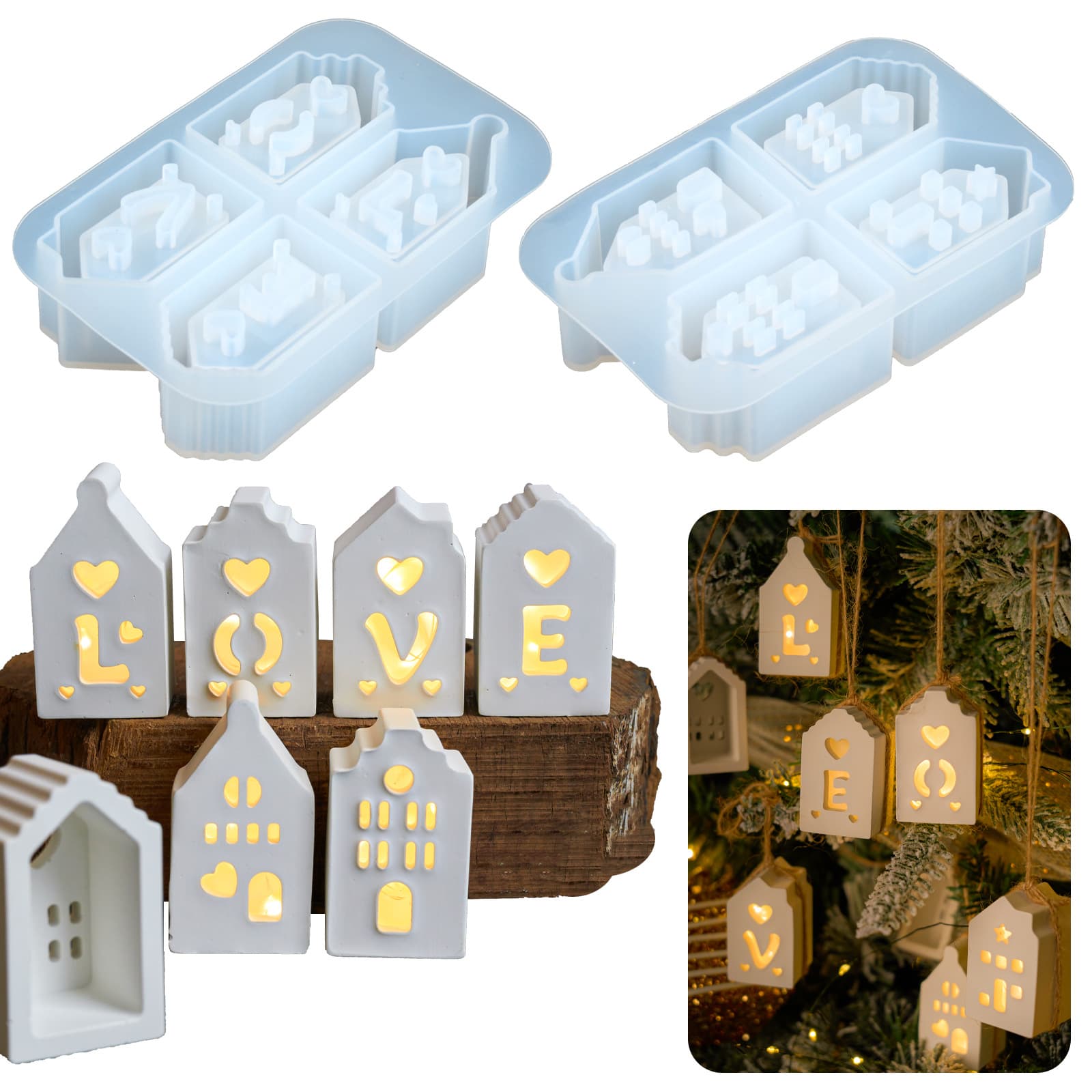 4-Connector Small House Mold Love Small House Pendant European Style House Ambiance Decorative Light House Silicone Mold