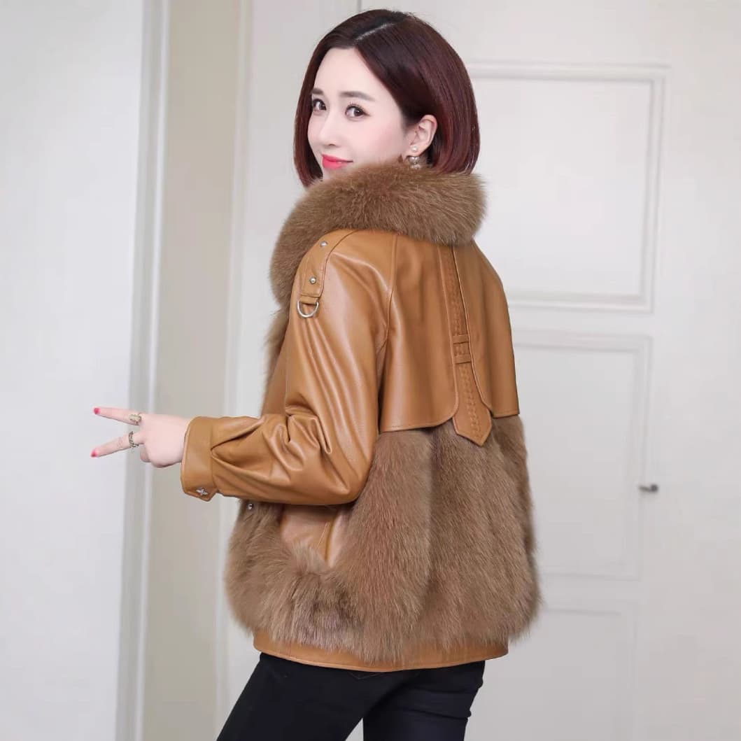 2025 Winter Haining Faux Fox Fur Collar Leather Jacket Fashionable Slimming Thick Warm Women's Coat New