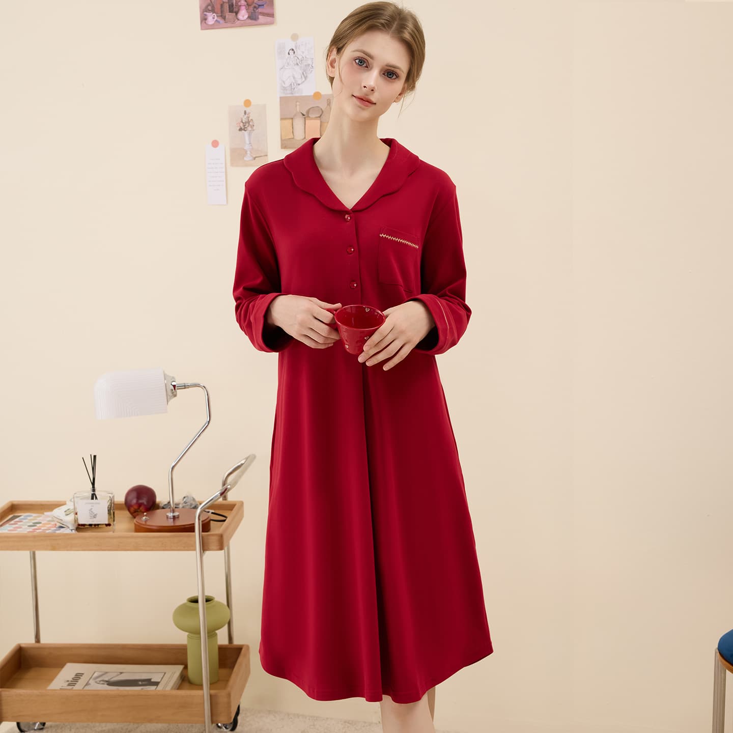 Half Face Brand Zodiac Year Wedding Red Long Sleeve Knitted Thickened 50s Combed Cotton Brushed Flannel Long Nightgown