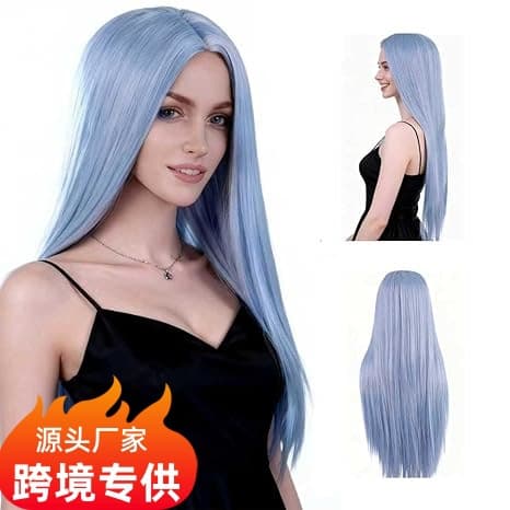 Cross-border Europe and America Women's Fashion Long Straight Hair Light Blue Lace Front Full Wig High Quality High Temperature Synthetic Fiber