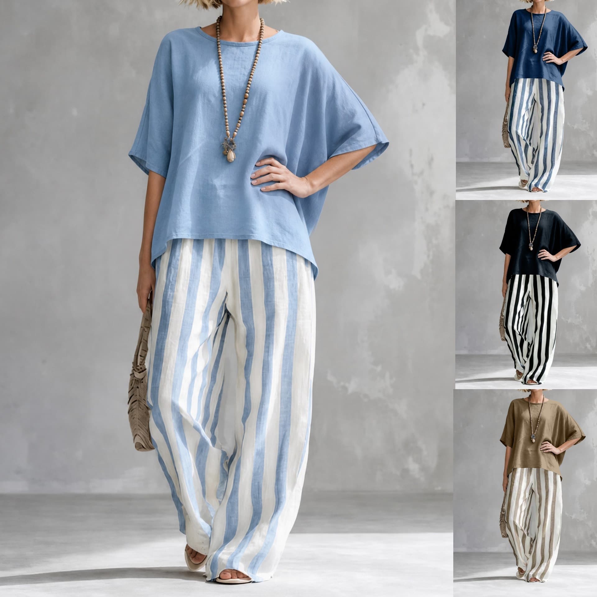 2026 Amazon EU-US Cross-Border Women's Spring/Summer Loose Medium Sleeve Tunic Cape Stripe Casual Pants Set