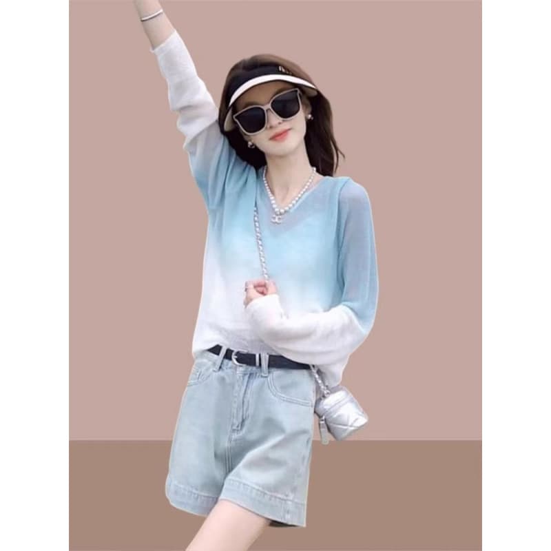 200 pounds silk long-sleeved T-shirt for fat women in summer outdoor sports micro-transparent sun protection blouse gradient yoga clothing top