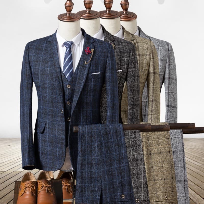 2025 Autumn New Men's British Slim Fit Plaid Three-Piece Suit Set Fashion Casual Formal Wear