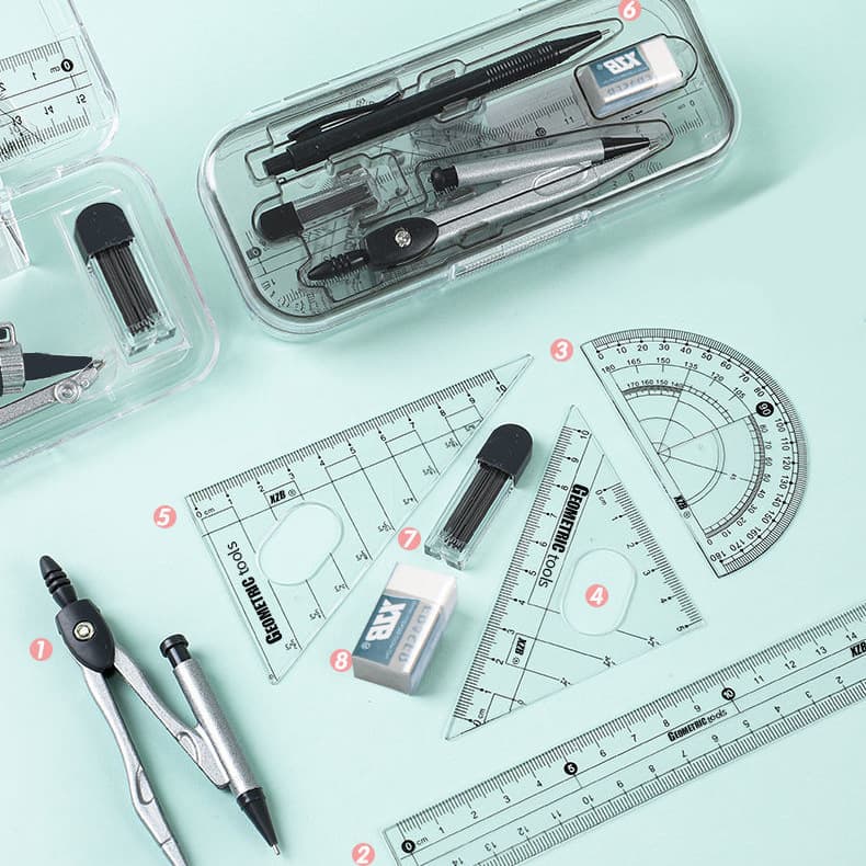 Student Compass and Ruler 8-Piece Set Exam Prize Learning Supplies Stationery Drawing Tools Straight Ruler