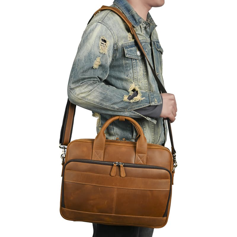 Crazy Horse Leather Briefcase Business Bag for Men, Genuine Leather Shoulder Crossbody Bag, 15.6-inch Laptop Bag