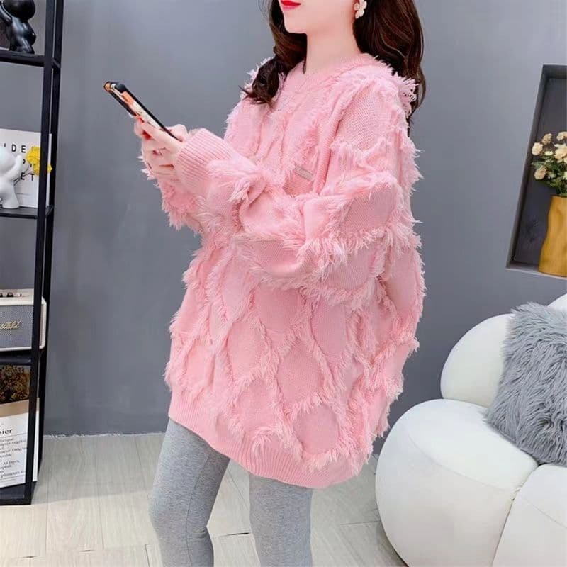 Plus-Size Fringe Pink Sweater Women's New Autumn-Winter Thickened Super Cute Knitted Top Trendy