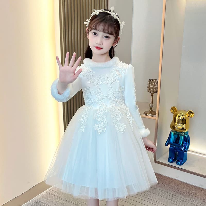 Girls' Autumn/Winter Short Princess Dress with Faux Fur Collar, Tulle Puffy Skirt, Plush Cuffs, Long Sleeves, New Year Party Dress