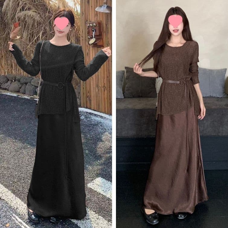 Plus Size Korean Style Lazy Style Cover-up Dress Set for Women, Spring and Autumn, Slimming and Stylish Two-Piece Set