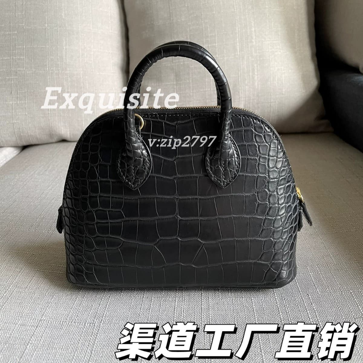 Handmade Mini Bowling Bag Black Matte Crocodile Leather Shoulder Crossbody Handbag Light Luxury Niche