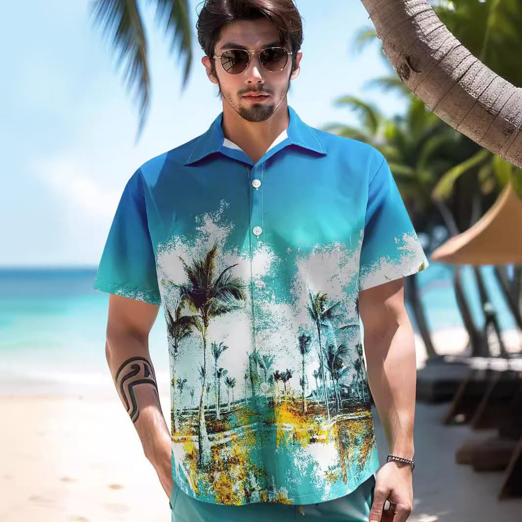 2024 New Floral Shirt Hawaiian Shirt Men's Coconut Print Loose Beach Resort Style Short Sleeve Shirt