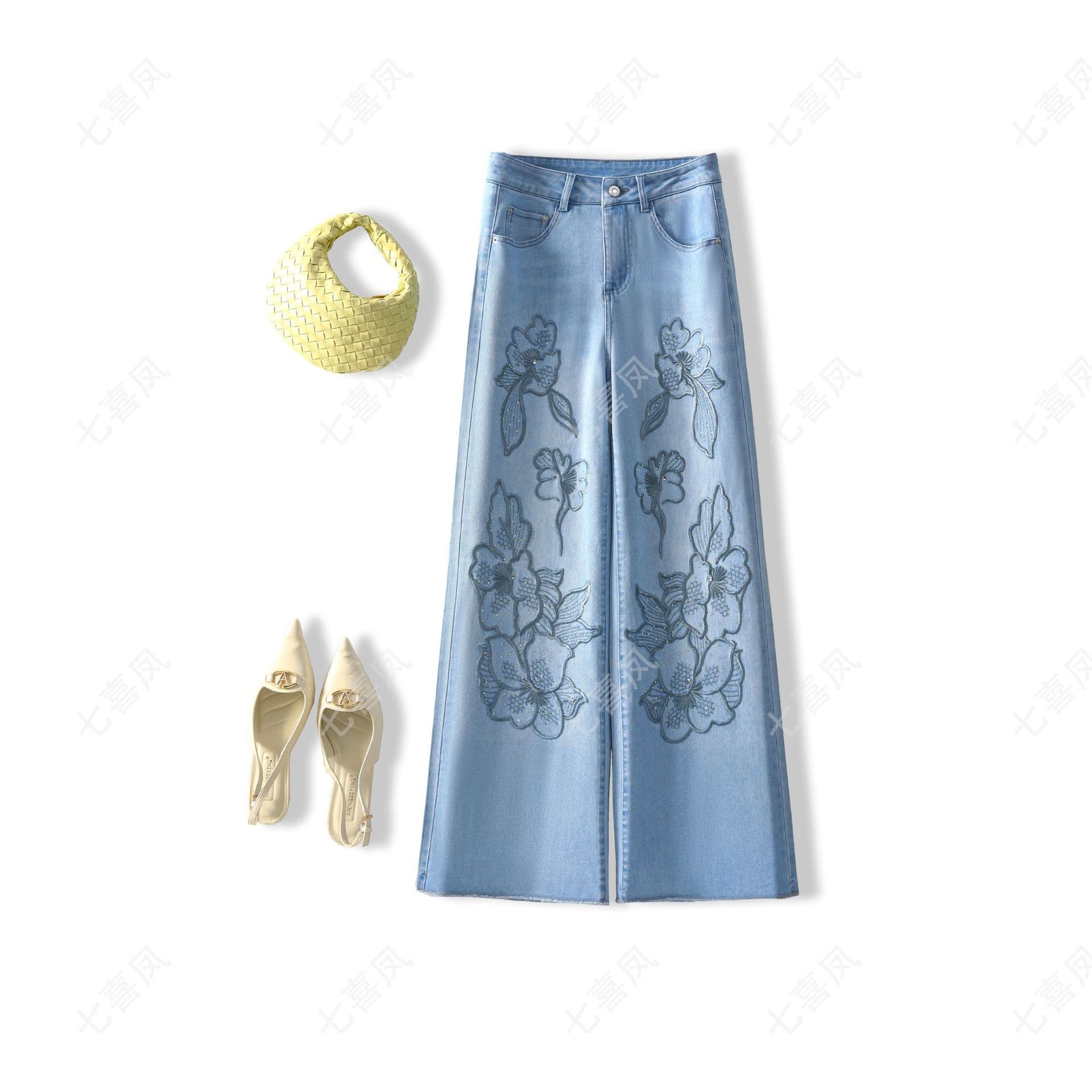 Blue Floral Embroidered Wide-Leg Jeans for Women 2026 Summer New High-Waist Slimming Loose Floor-Length Straight Pants
