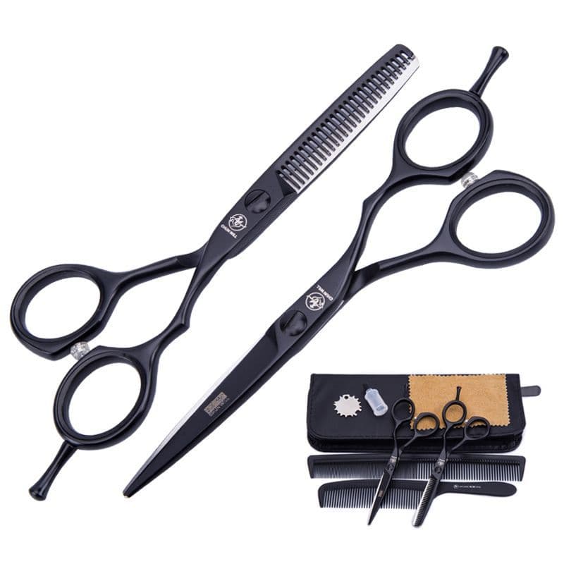 Hair Cutting Scissors Set for Bangs, Trimming, Thinning, Professional Salon & Home Use, Black Scissors with Tail Pin
