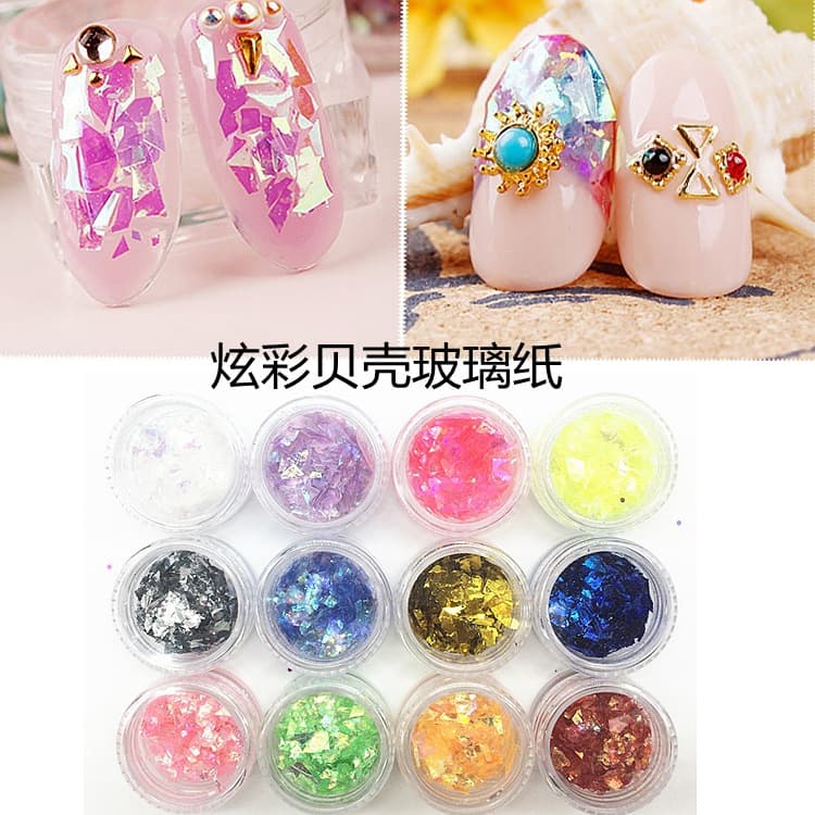 Nail art candy shell paper, phototherapy decorative glitter, sequin fragments, glass color chips, irregular candy paper, 12 colors