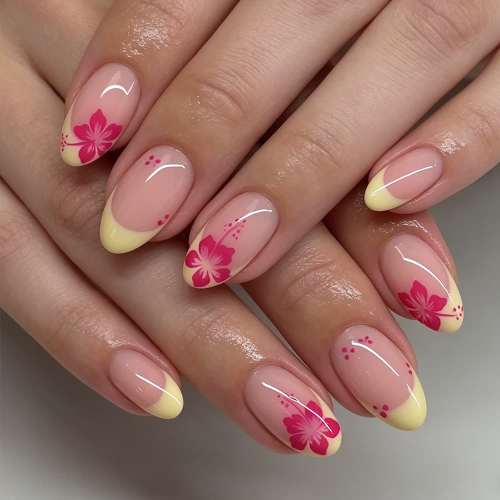 European and American Cross-Border Hot-Selling Wearable Nails Classic Yellow French Pink Flowers Removable 24 Pieces Oval Nail Tips