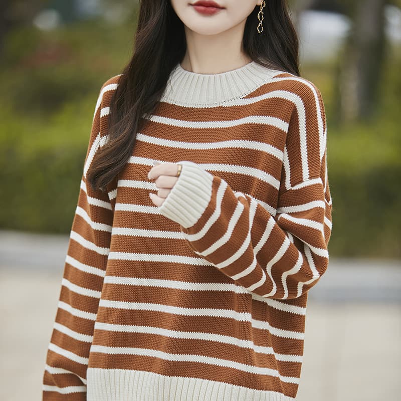 Autumn and winter thickened 100 pure cotton sweater women's half turtleneck classic striped fashion loose sweater slimming bottoming shirt
