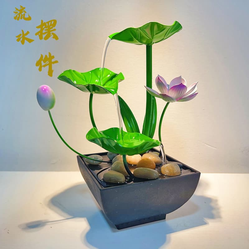 Desktop home decor green lotus flower wrought iron water feature ornament for office, living room, and entryway landscape fountain decoration.