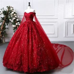 Cross-border Evening Dress One-Shoulder Tulle Sleeve 3D Floral Starry Puffy Skirt with Long Train Banquet Gown