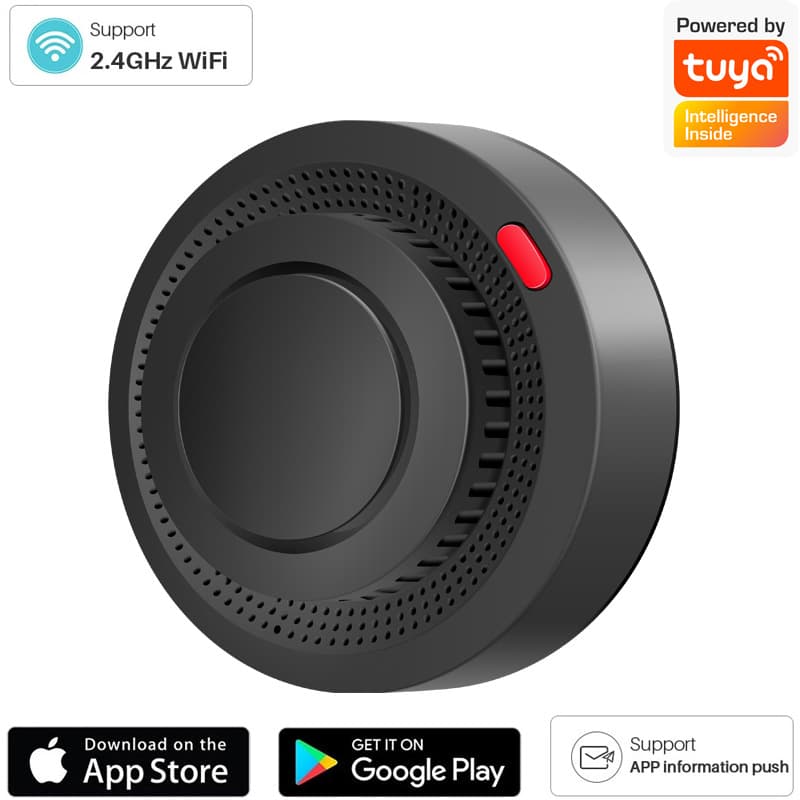 Classic Black Tuya Smoke Alarm Detector Graffiti Smoke Sense WiFi Smart Home APP Induction Sensor