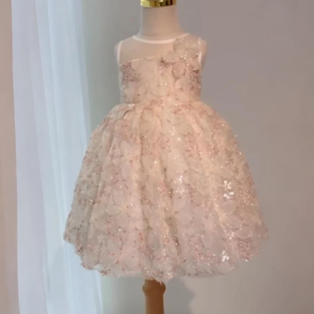 Girls dress sweet pink sequined mesh dress baby birthday fluffy princess dress host performance costume
