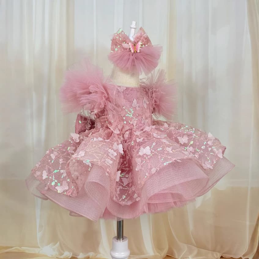 Dusty Pink Girls' First Birthday Dress, 2025 New Butterfly Sequin Long-sleeve Princess Gown, Children's 100-day Celebration Outfit