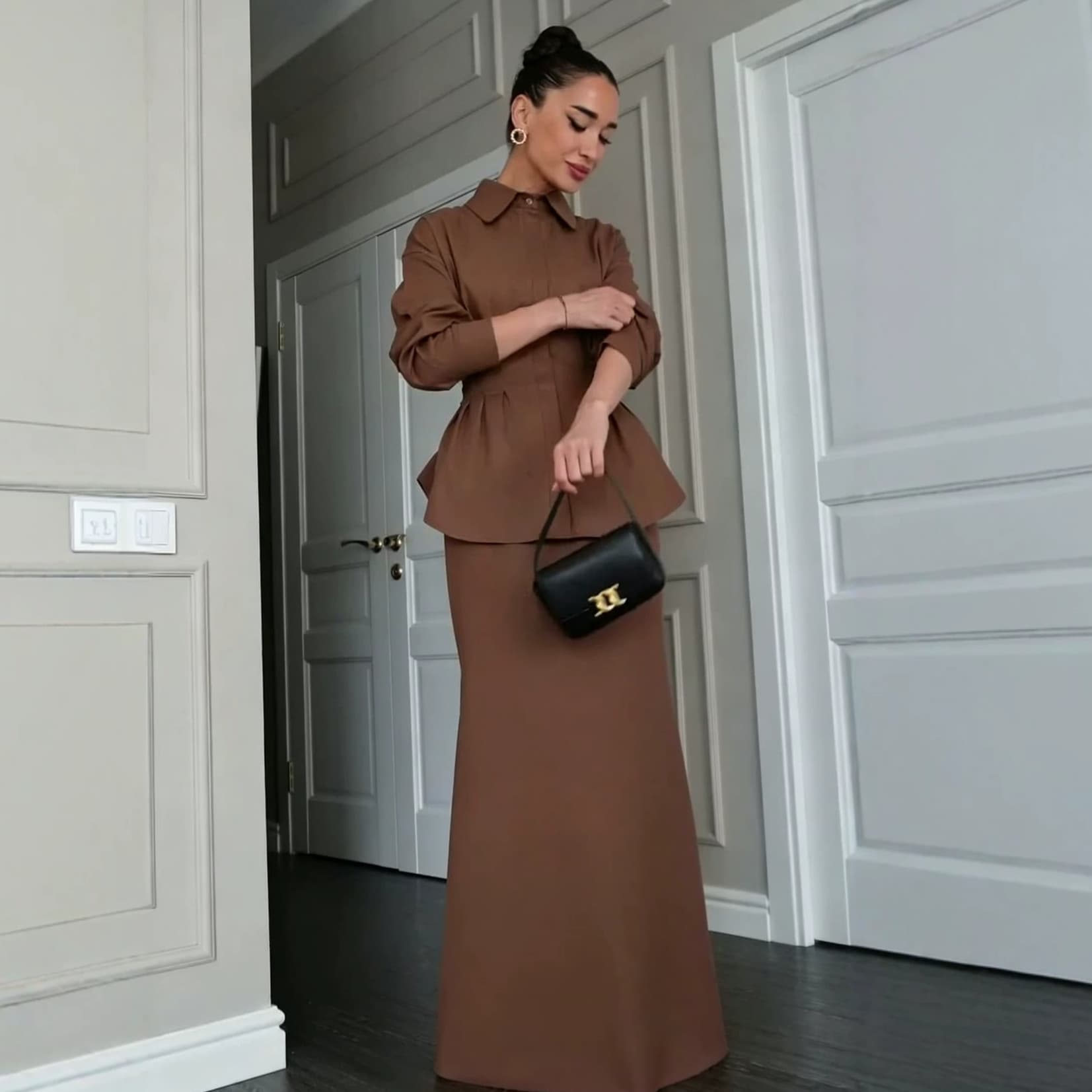 Amazon Cross-border 2026 Women's Spring/Autumn New Turn-down Collar Long-sleeve Waist-nipped Top Solid Color Skirt Two-piece Set