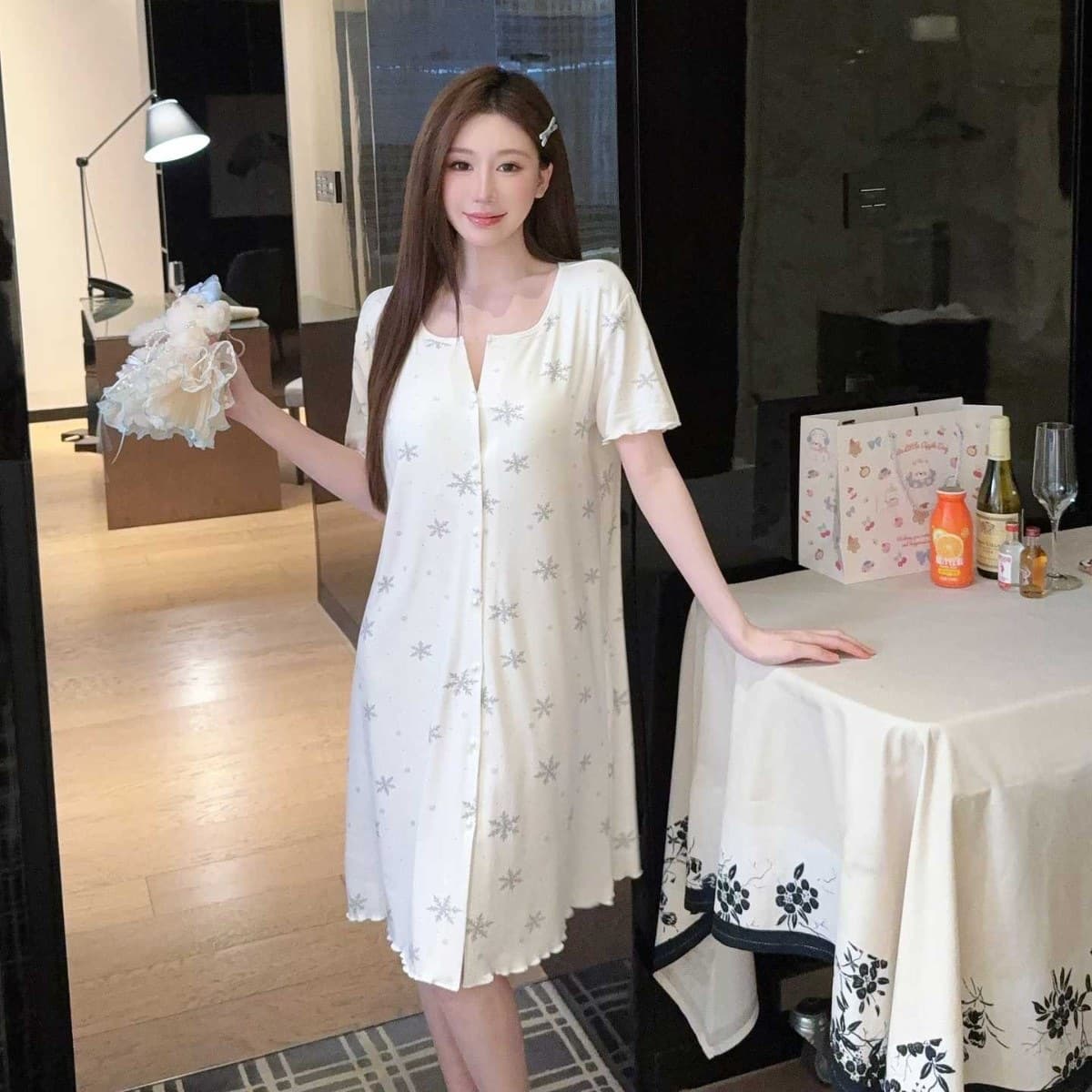 Women's Pajama Dress Summer Modal Cotton Cute Comfortable Homewear Snowflake Cardigan Midi Dress with Chest Cotton Loungewear