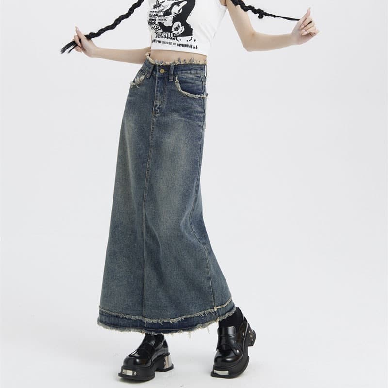 Denim Skirt for Women, Internet Celebrity Small Design Frayed Hem Half Skirt, High Waist Retro Bodycon Straight Midi Skirt