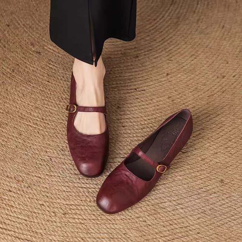 Sheepskin version ~ Shallow mouth genuine leather versatile one-button flat Mary Jane shoes for women retro simple commuter low-heeled shoes