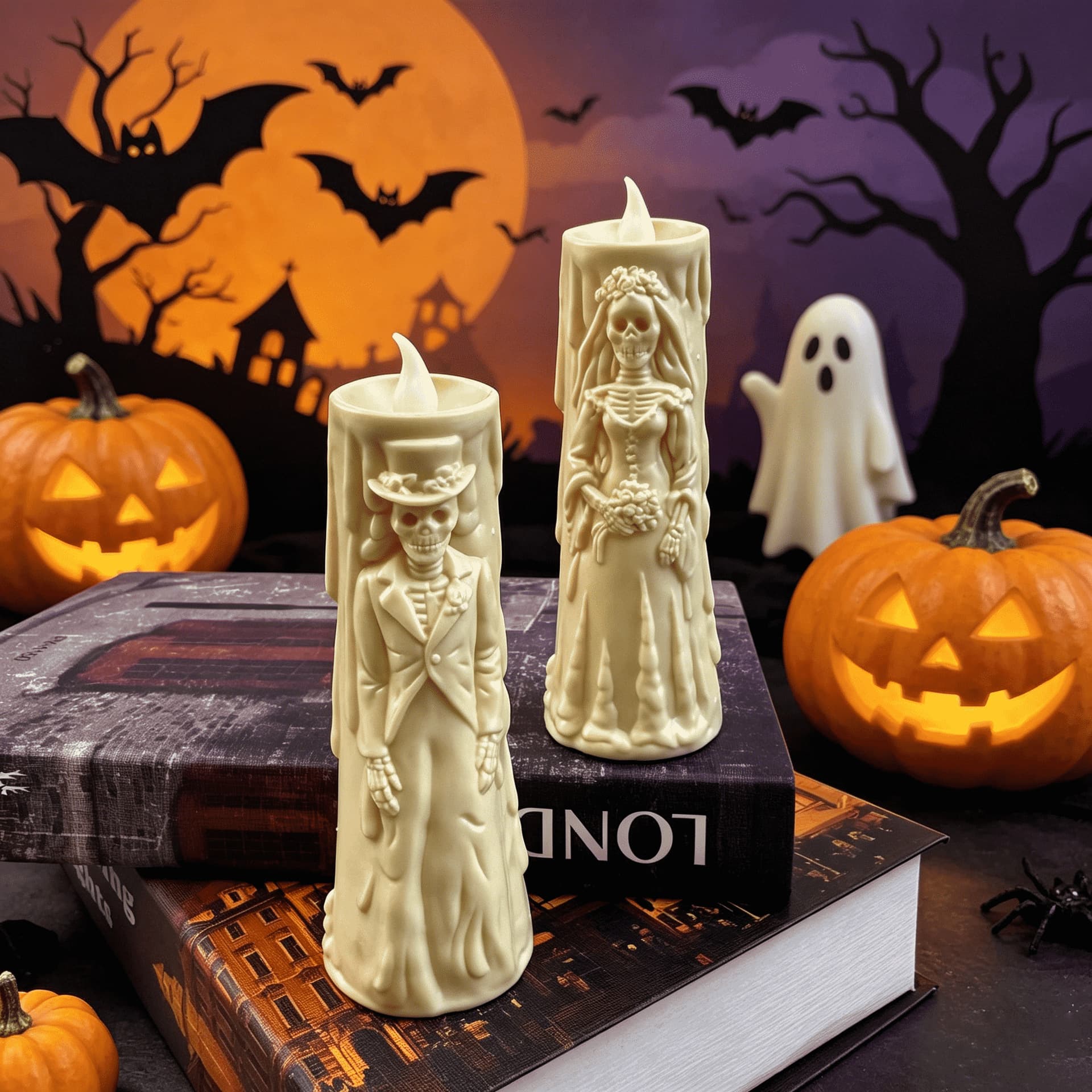 Halloween Skeleton Ghost Glowing Candle Light Party Arrangement Props Decoration LED Candle Holder LED Safety Glowing
